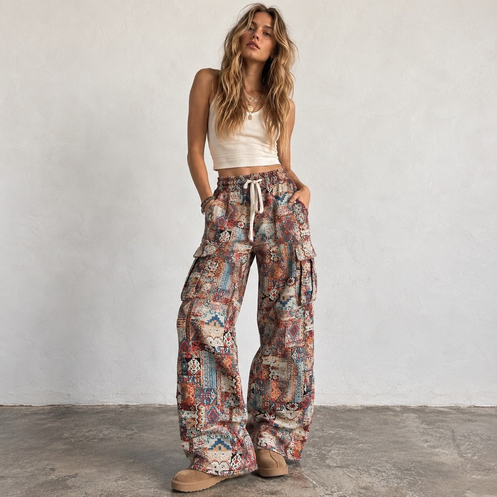 Tapestry Cargo Pants Women L Multi Color Boho Western Woven Wide Leg Trousers